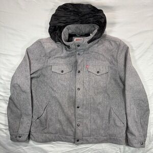Levi Mens Trucker Gray Full Zip Jacket Mens XL Button Retractable Hood Miltary